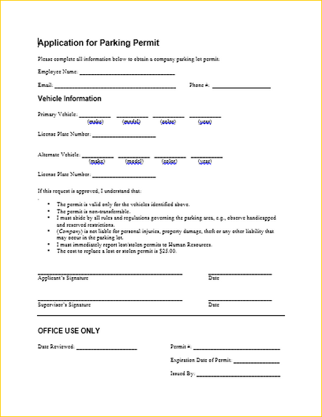 This sample form enables an employee to apply for a parking permit to